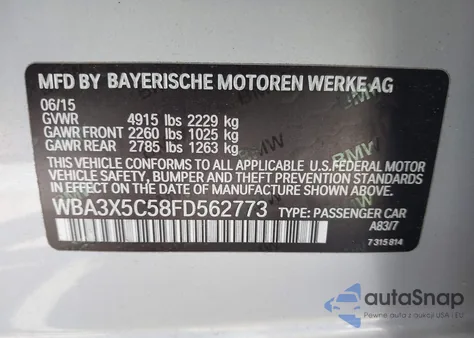 2015 BMW 328 Xigt z USA, uszkodzony, nr VIN WBA3X5C58FD562773